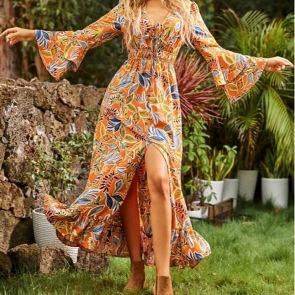 WESTERN PLANTS PATTERN MAXI DRESS - Picture 1 of 9
